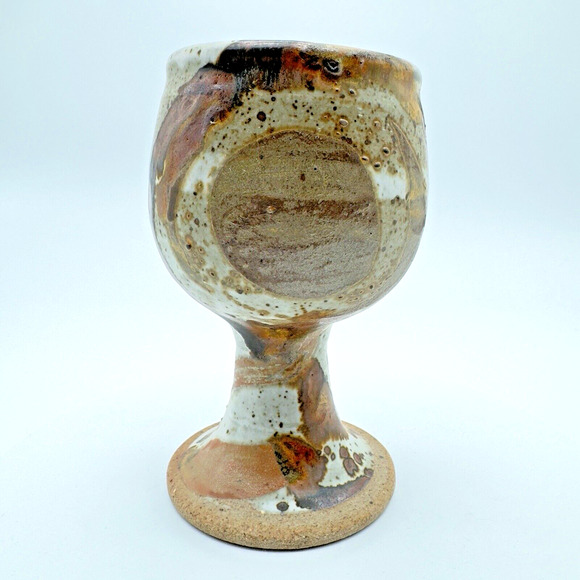 Studio Art Pottery Goblet Chalice Cup Textured Glazed Brown Gray Stoneware Wine - Picture 3 of 9